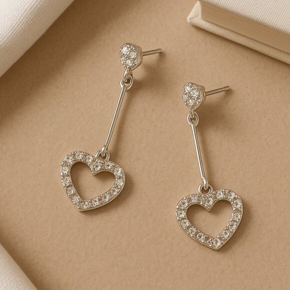 Sterling Silver Heart Earrings 2 Inch CZ Dangle Long Drop Jewelry - Picture 1 of 9